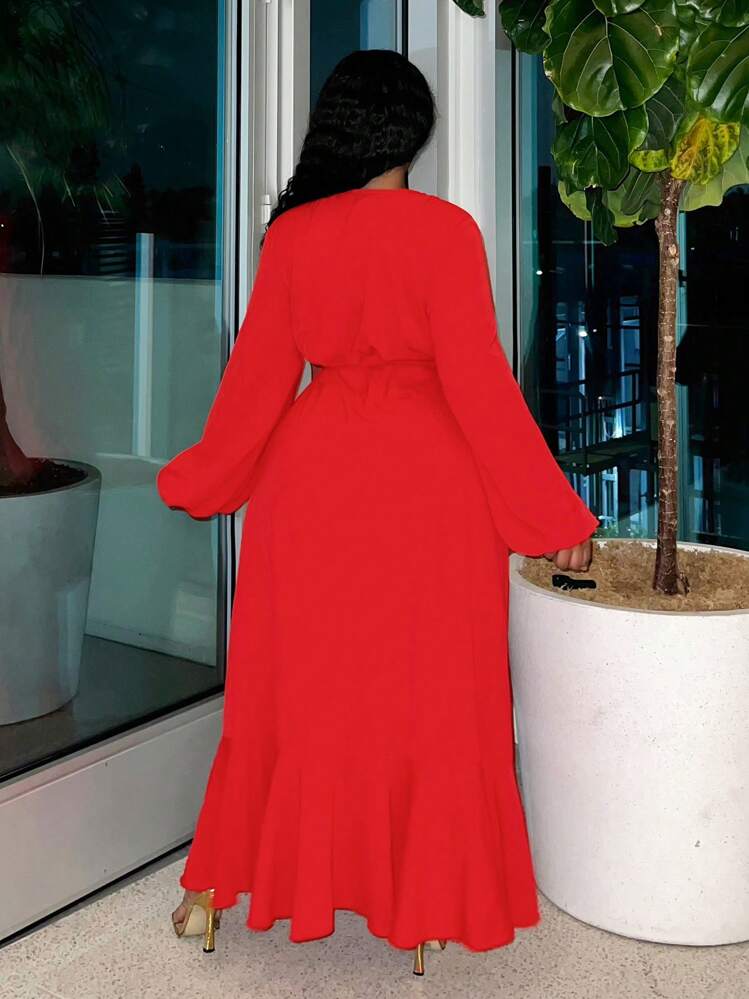 Slaydiva Grote maten rode wikkeljurk met lange mouwen voor dames, elegante slanke pasvorm voor afstudeerfeest - Rood - Bekijken 2
