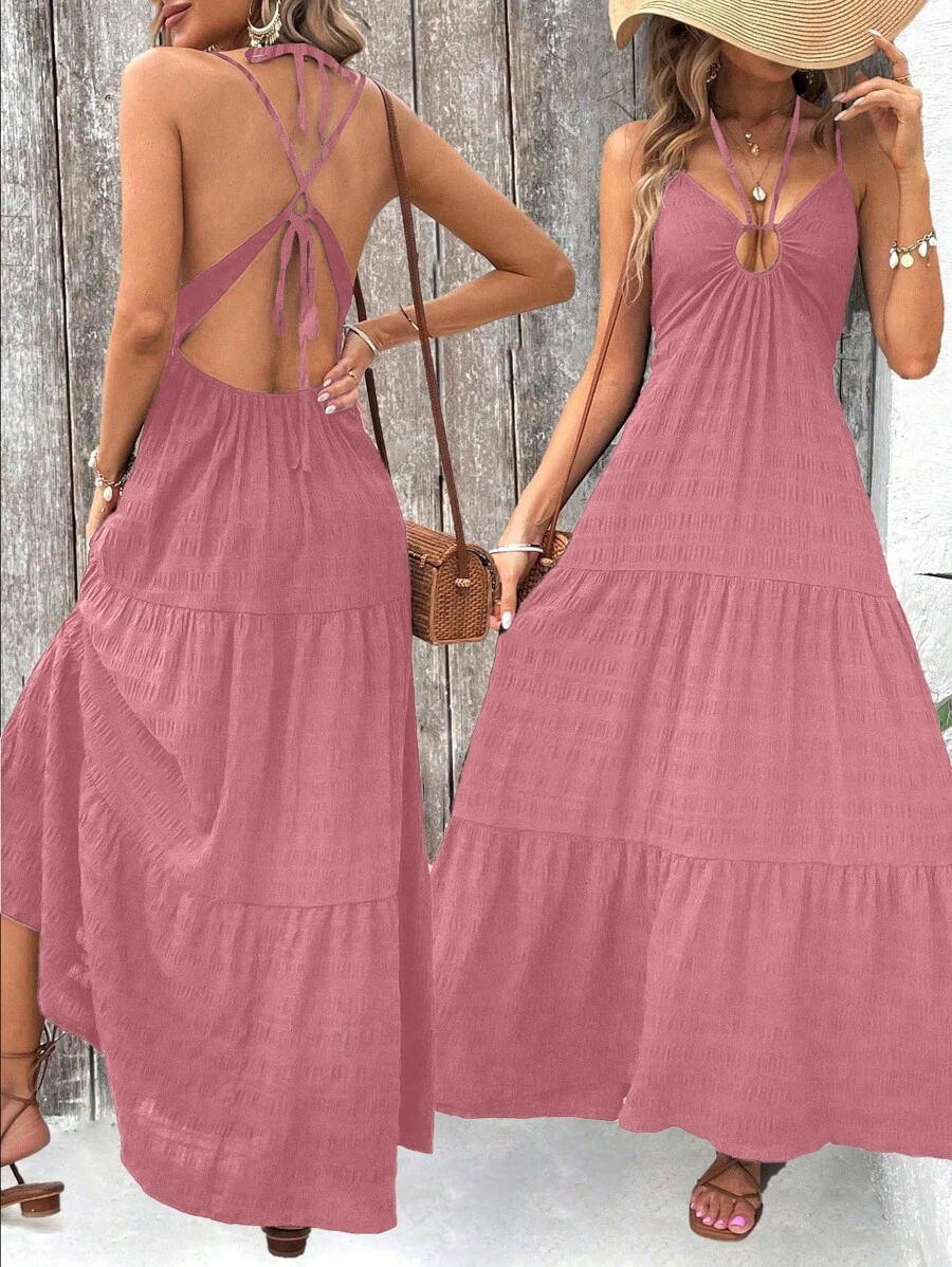 SHEIN LUNE Váy trơn có họa tiết buộc dây màu trơn dành cho nữ dành cho kỳ nghỉ - Bụi hồng - Xem 1