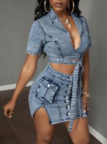 Slaydiva 女士夏季翻领短袖腰系带镂空工装口袋性感牛仔连衣裙 - 中等水洗藍 - 查看 3