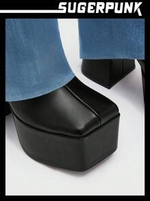 Sugerpunk Women Slip On Square Toe Platform Classic Boots, Fashionable Outdoor Denim Boots