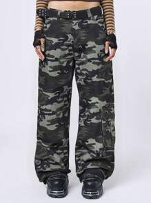 ROMWE Camo Print Flap Pocket Cargo Jeans, School - Multicolor - View 1