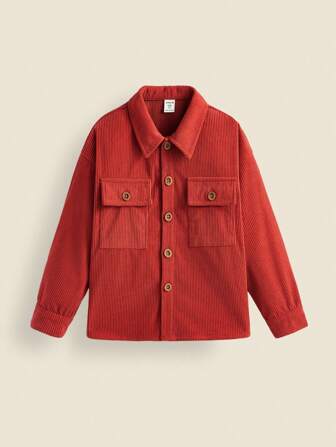 THE HAPPY LOOK Camisa de manga larga de pana roja sólida para niños pequeños con bolsillos con botones de madera, uso casual minimalista para la vida cotidiana en Navidad y Año Nuevo, otoño/invierno
