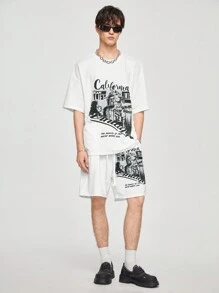 Manfinity Hypemode Men's Slogan Print Round Neck Drop Shoulder T-Shirt & Drawstring Waist Shorts Set, Summer - White - View 4