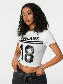 SHEIN Coolane 女款 Y2K 亮片装饰复古数字图案紧身 T 恤，街头足球球衣风格 - 白色 - 查看 3