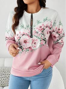 SHEIN LUNE Große Größen Langarm T-Shirt mit Blume Muster, Stehkragen und Reißverschluss für Herbst & Winter, Rosa Reise Flughafen T-Shirt - Pink - Übersicht 2