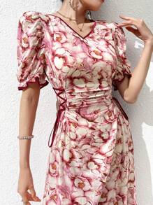 Modelyn 女式 V 领花卉印花褶饰系带夏季短袖迷你连衣裙 - 彩色 - 查看 1