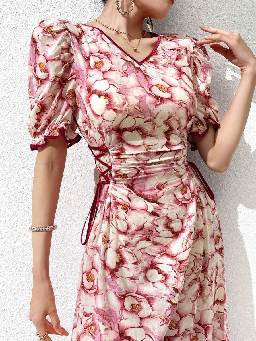 Modelyn 女式 V 领花卉印花褶饰系带夏季短袖迷你连衣裙 - 彩色 - 查看 1