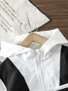 SHEIN 1 Pc Young Boy's Casual Collegiate Classic Black & White Color Block Patchwork Wind Jacket, Minimalist & Elegant, Suitable For Daily Wear, School, Outdoor Sports, Vacation, Autumn/Winter