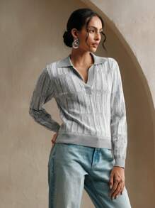 Anewsta Women's Casual Gray & White Contrast Color Hollow Knit Sweater