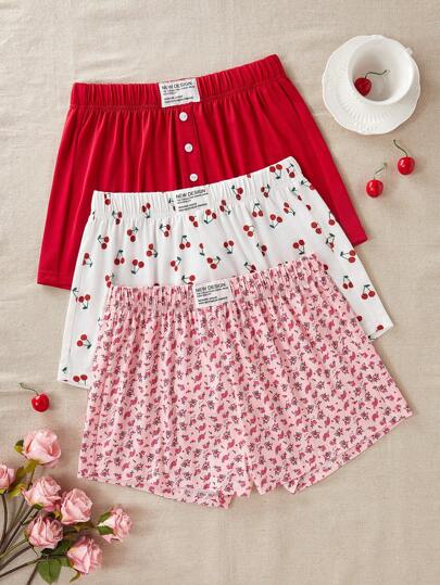 CottageSlumber 3pcs Printed Casual Sleep Shorts Set For Women Bountiful Floral Splendor  Cozy And Elegant Details