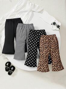 SHEIN 4pcs Baby Girls' Versatile Casual Outfits Set - Dark Color Polka Dot, Leopard, Striped, Solid Color Flared Pants, For Christmas