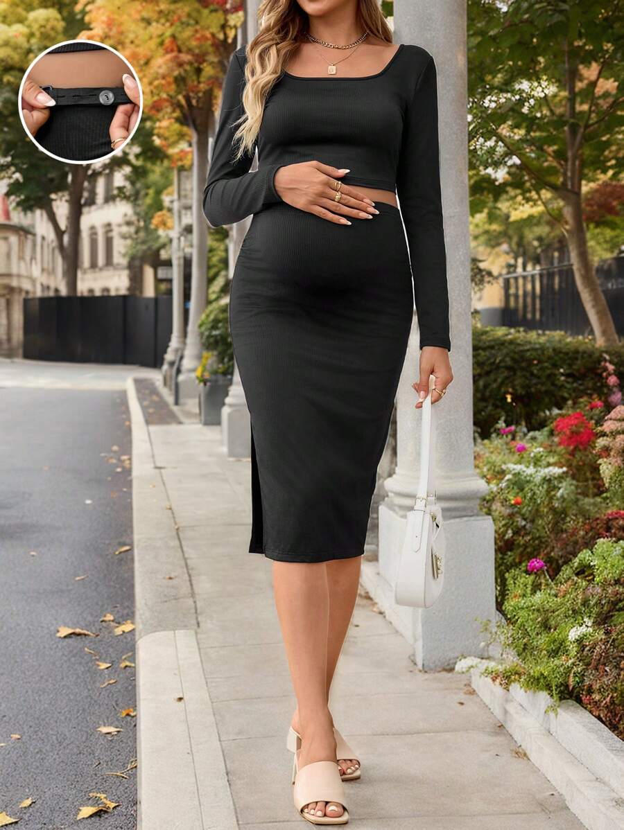 SHEIN 孕婦夏季休閒2件套裝，緊身可調腰頂部和筆筒裙，孕婦裙子套裝 - 黑色 - 查看 1