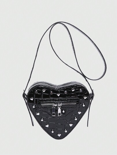 Grunge Punk Nuevo bolso de hombro con estampado de cocodrilo de moda para mujer, bolso bandolera punk con remaches y detalles dulces para chica