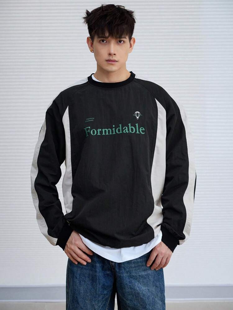 Men's Letter Print Patchwork Sweatshirt, Autumn Back To School