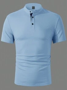Manfinity Homme Men's Solid Color Short Sleeve Polo Shirt, Summer - Baby Blue - View 3