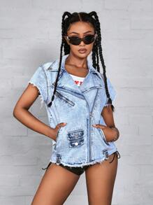 Women's Summer Patchwork Fringed Zipper Front Sleeveless Casual Denim Blouse - Blue - View 2