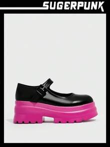 Sugerpunk 龐克黑色瑪麗珍鞋適合女士,搭扣裝飾防水台鞋 - 黑色 - 查看 1