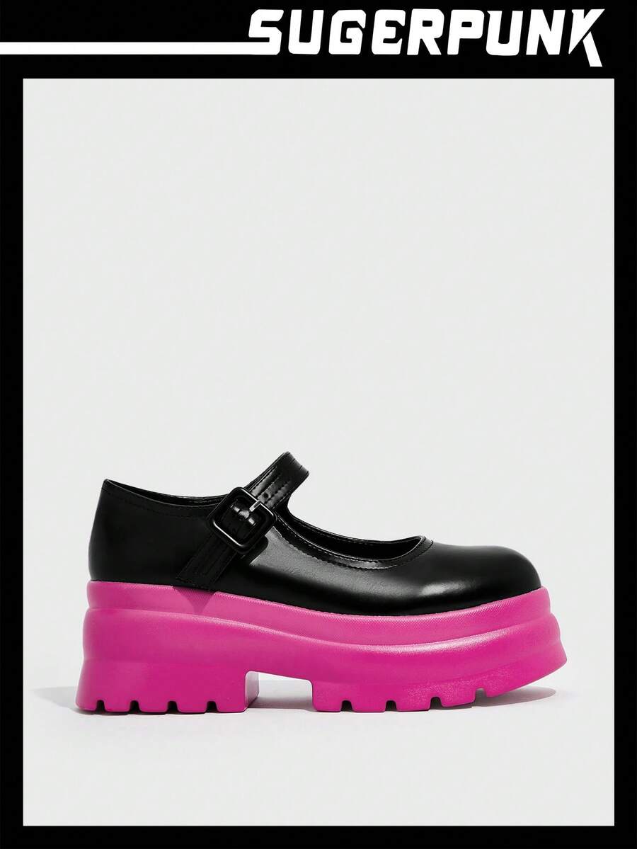 Sugerpunk 龐克黑色瑪麗珍鞋適合女士,搭扣裝飾防水台鞋 - 黑色 - 查看 1