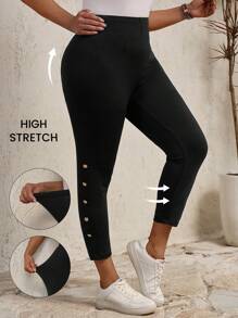 EMERY ROSE Quần legging trang trí nút thông thường hàng ngày dành cho nữ có kích thước lớn - màu đen - Xem 1