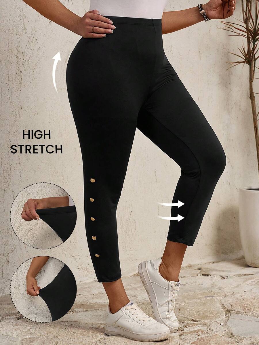 EMERY ROSE Quần legging trang trí nút thông thường hàng ngày dành cho nữ có kích thước lớn - màu đen - Xem 1
