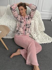 Women's Plaid Printed Long Sleeve Solid Color Straight Pants Fluffy Pajama Set, Fall Winter Clothes