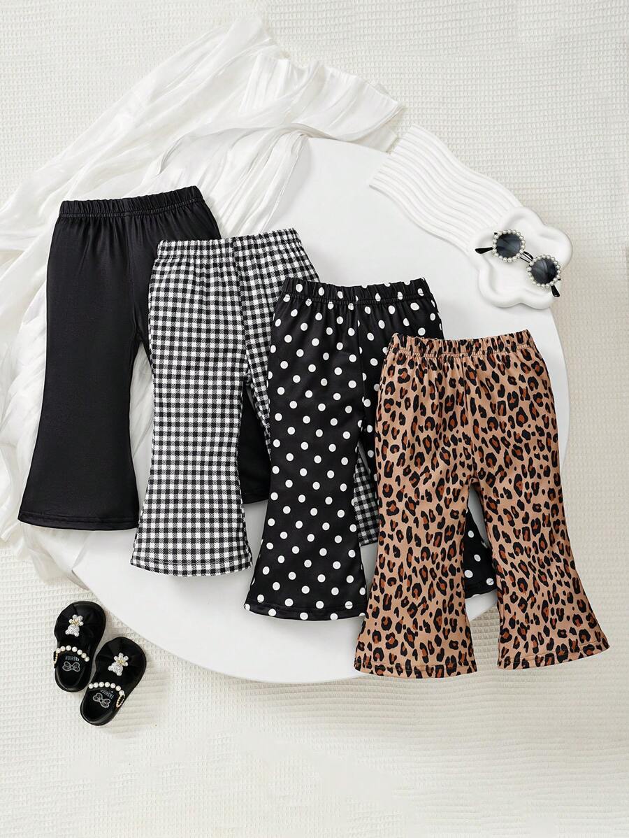 SHEIN 4pcs Baby Girls' Versatile Casual Outfits Set - Dark Color Polka Dot, Leopard, Striped, Solid Color Flared Pants, For Christmas