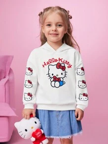 HELLO KITTY AND FRIENDS | SHEIN 年轻女孩卡通印花连帽落肩宽松运动衫 - 白色 - 查看 3