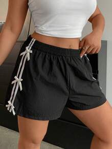 POPSWAY Pantalones cortos de verano casuales con lazo y rayas laterales para tallas grandes