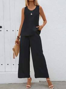 Breezaya 2pcs Vacation Casual Solid Color Vest And Wide Leg Pants Set