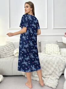 Camisón de mujer con estampado de mariposa de cuello redondo y manga corta, vestido de dormir Moo Moo - Azul Marino - Ver 2
