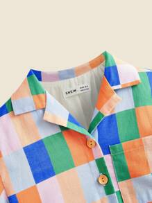 SHEIN Young Girl Colorful Plaid Print Linen Fabric Casual Resort Style Collared Short Sleeve Romper, Spring/Summer - Multicolor - View 5