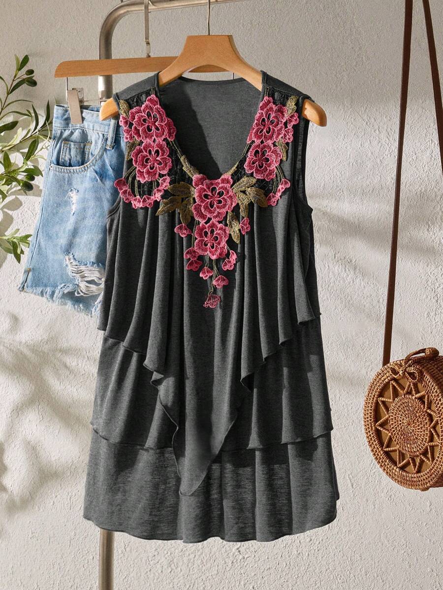 SHEIN LUNE 花卉刺繡荷葉邊坦克上衣 - 灰色 - 查看 1