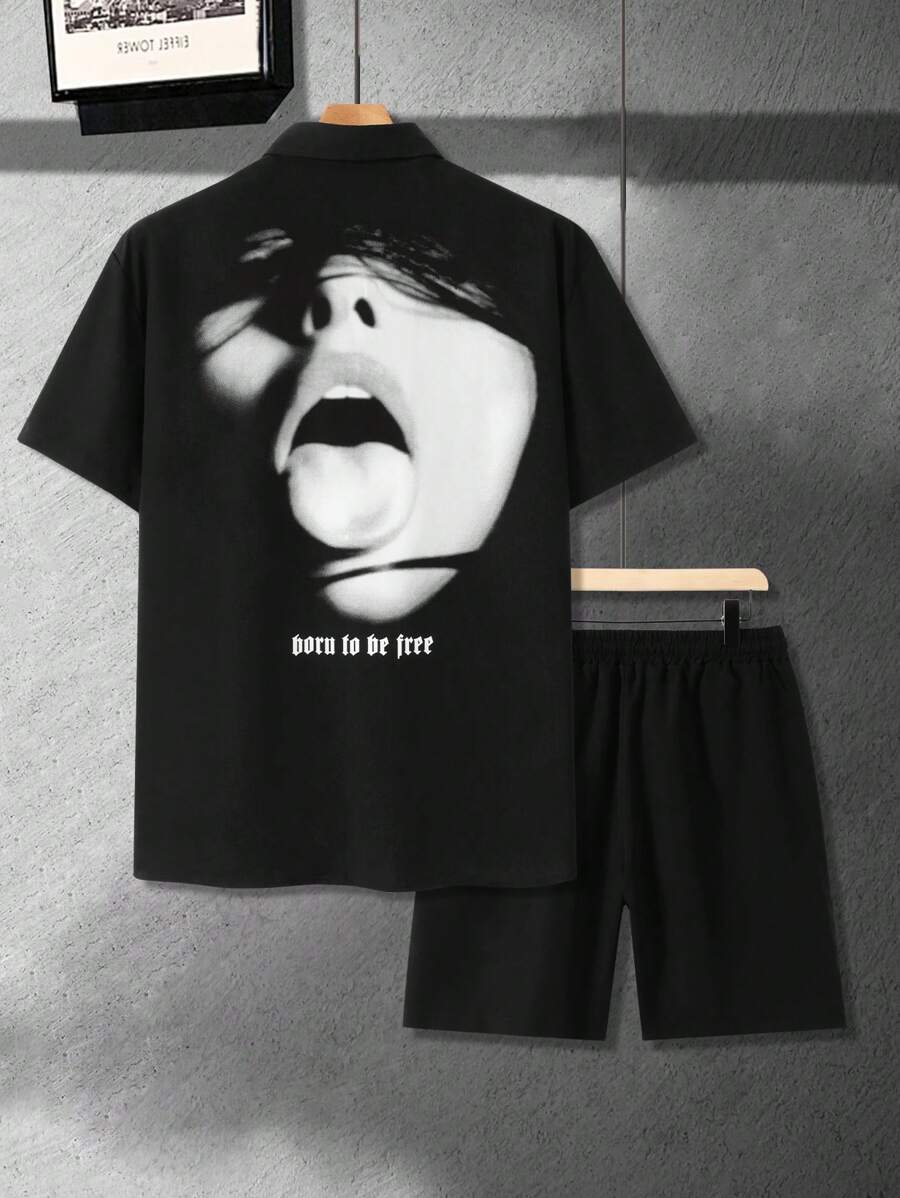 Manfinity Roughcore 2 件男士简约图案印花短袖上衣和纯色短裤套装,休闲 - 黑色 - 查看 1