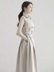 DAZY Abrigo trench sin mangas con cintura ceñida, de doble botonadura y solapa, de un solo color, para mujer de primavera/verano