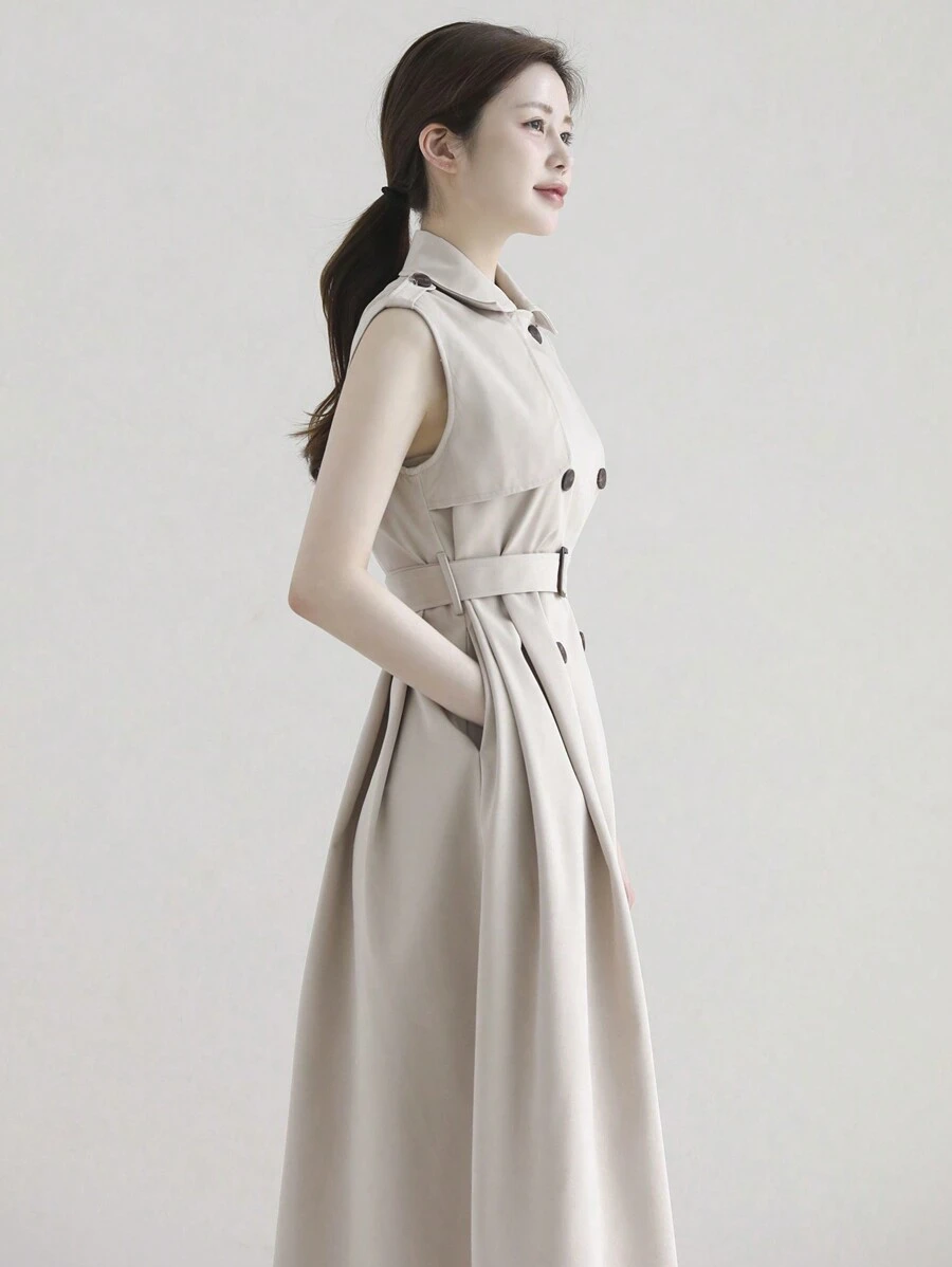 DAZY Abrigo trench sin mangas con cintura ceñida, de doble botonadura y solapa, de un solo color, para mujer de primavera/verano