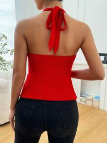 SHEIN Unity 3D Floral Decor Tie Back Knit Halter Neck Casual Top - Red - View 2