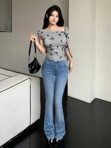 DAZY Women's Butterfly Printed Knotted Asymmetrical Neckline Short Sleeve T-Shirt, Summer - Grey - View 2