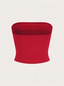 SHEIN EZwear 女士 撞色边饰字母印花抹胸上衣 - 紅白色 - 查看 2