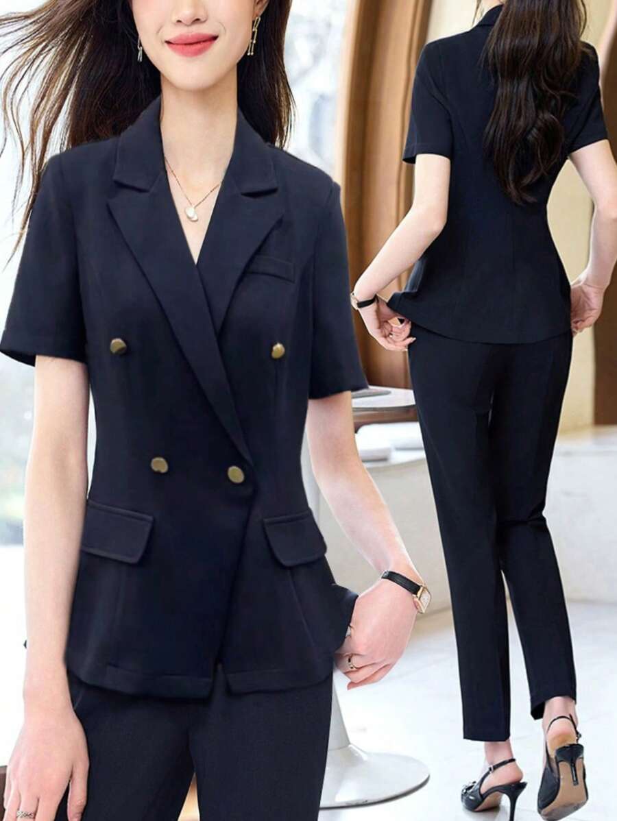 SHEIN Unity Mùa hè dành cho nữ màu trơn có ve áo ngắn tay phù hợp với áo khoác và quần trang phục đi làm thanh lịch - Màu xanh hải quân - Xem 1