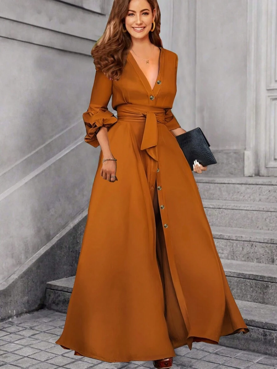 SHEIN Clasi Vestido de manga larga con cuello en V profundo y botones, sencillo y de un solo color, para damas. Elegante vestido largo con cinturón, de manga larga, cuello en V, ajuste regular, mangas tipo obispo, color marrón óxido, estilo línea A, para primavera/otoño, atuendos de fiesta/discoteca - Óxido marrón - Ver 1