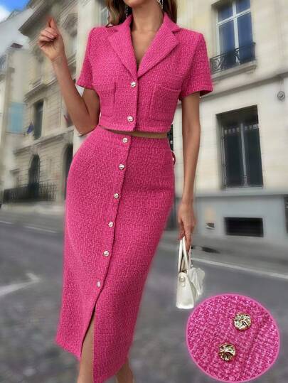 Chiquease Women's Tweed Collared Short Sleeve Jacket And Long Skirt Set, Elegant 2-Piece Outfit