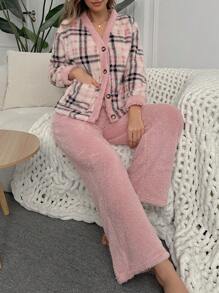 Women's Plaid Printed Long Sleeve Solid Color Straight Pants Fluffy Pajama Set, Fall Winter Clothes