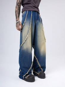 Manfinity Denimwave Men's Dark Vintage Washed Asymmetrical Hem Patch Embellished Wide Leg Baggy Jeans