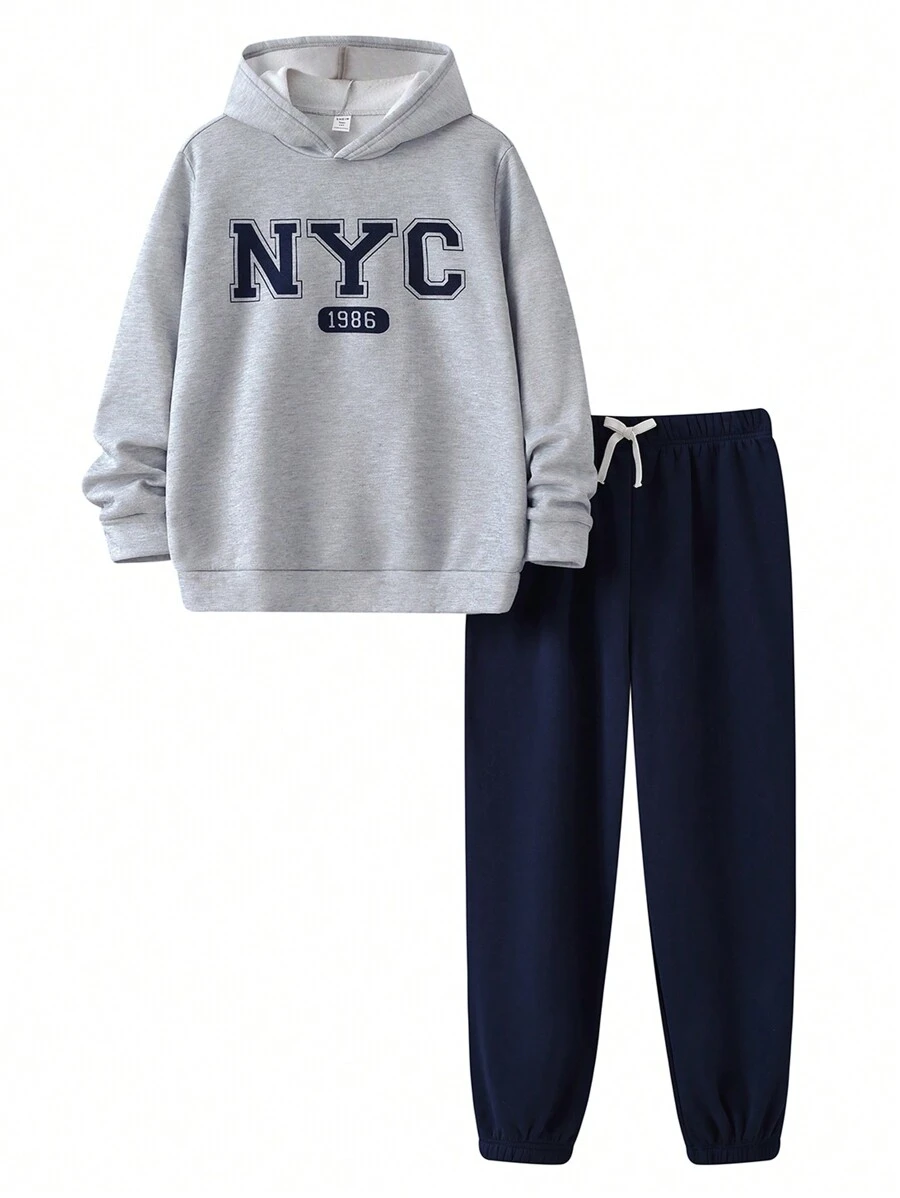 SHEIN 2 peças/conjunto de moletom com capuz para meninos adolescentes, casual, azul marinho, estampa de letras em inglês e cinza mesclado + calça com cordão azul marinho, adequado para outono/inverno, quente, versátil, clássico