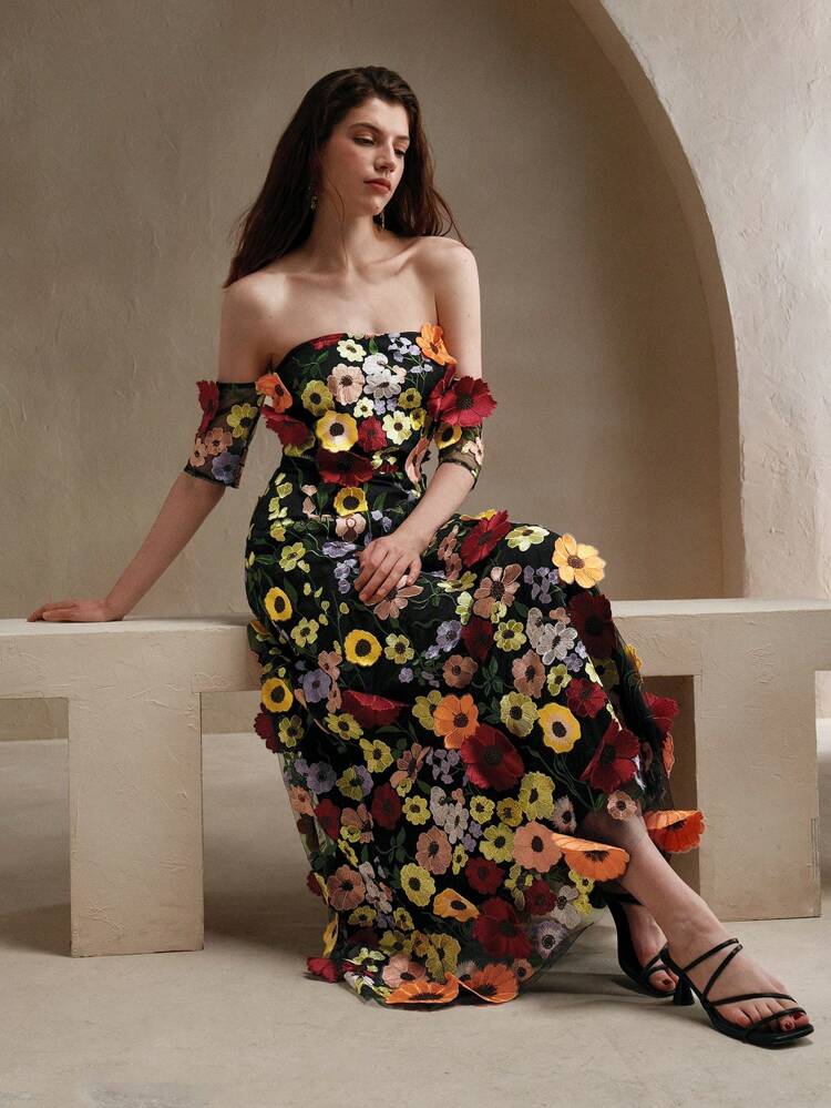 Women's Open Shoulder Mesh Sequins Embellished Midi Dress