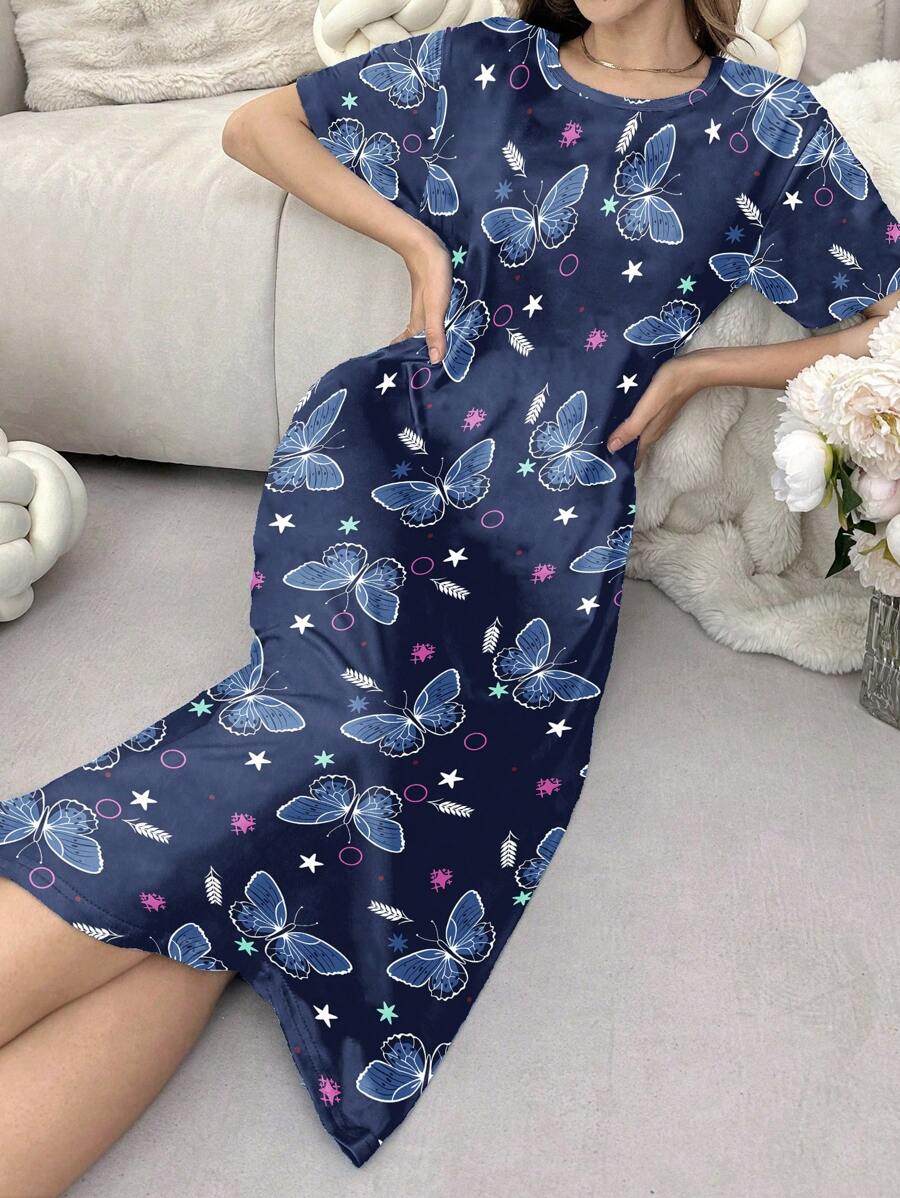 Camisón de mujer con estampado de mariposa de cuello redondo y manga corta, vestido de dormir Moo Moo - Azul Marino - Ver 1