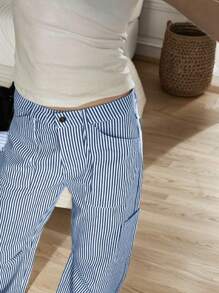 SHEIN EZwear Women's Casual Blue Striped Woven Wide Leg Pants With Straight Fit,Drape Cargo Trouser