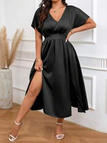 Celure Váy ngắn tay cổ chữ V đơn giản màu trơn cho nữ cỡ lớn - màu đen - Xem 1