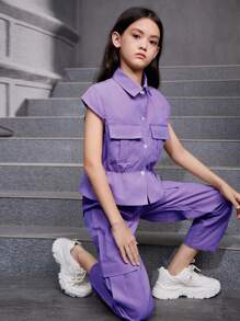 Tween Girl 纯色休闲短袖上衣和长裤套装，日常装扮