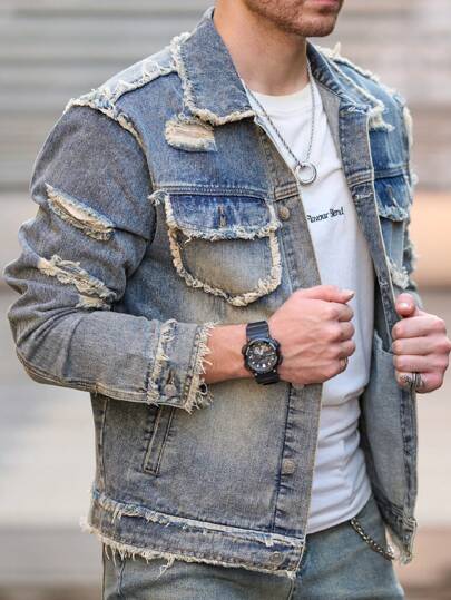 Manfinity LEGND Men's Casual Patchwork Frayed Fashion Plain Denim Jacket With Long Sleeves, Spring And Autumn, For Vacation Going Out Work Hunting Urban Street, Emo Style